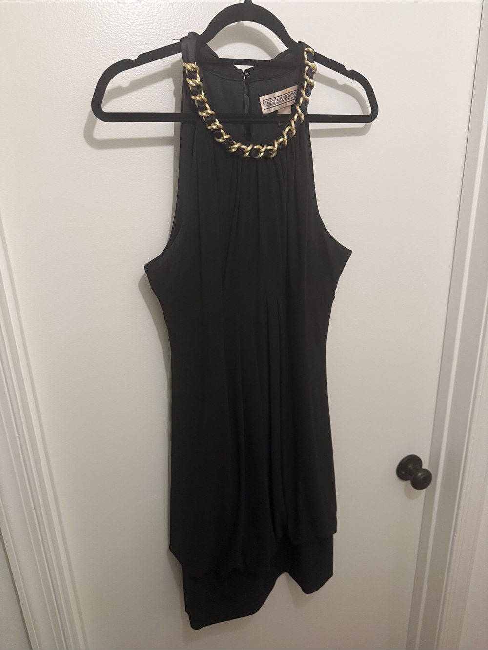 Jessica Howard Black Halter Mini Dress with Gold Chain Detail
